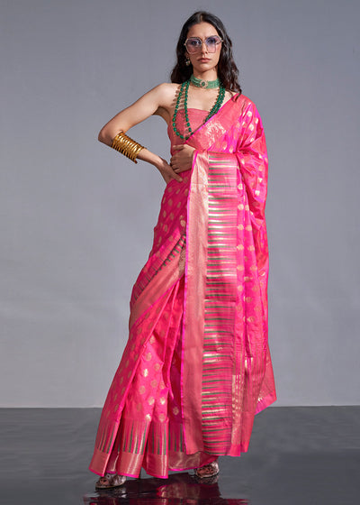 Hot Pink Handloom Woven Designer Silk Saree with Overall Butti work