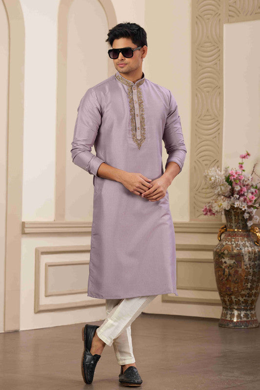Men's Banarasi Art Silk Hand Work Kurta Pajama In Purple Colour