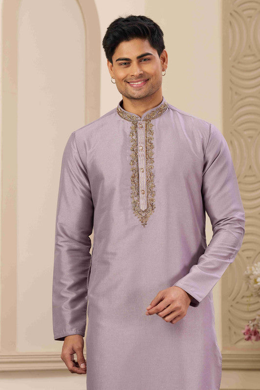 Men's Banarasi Art Silk Hand Work Kurta Pajama In Purple Colour