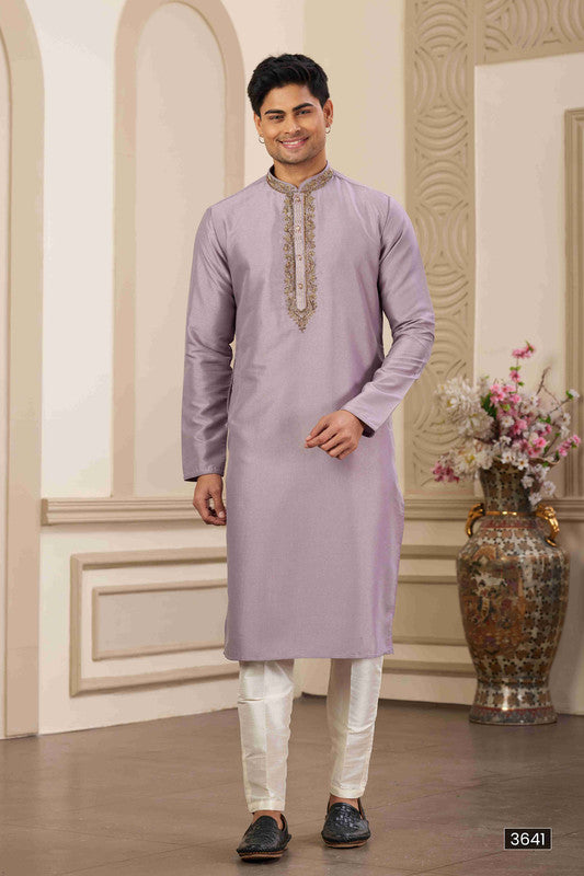 Men's Banarasi Art Silk Hand Work Kurta Pajama In Purple Colour