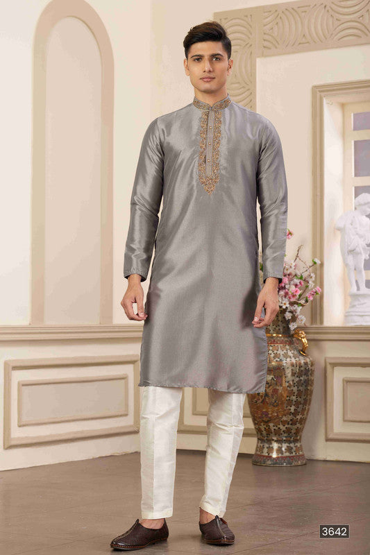 Men's Banarasi Art Silk Hand Work Kurta Pajama In Grey Colour