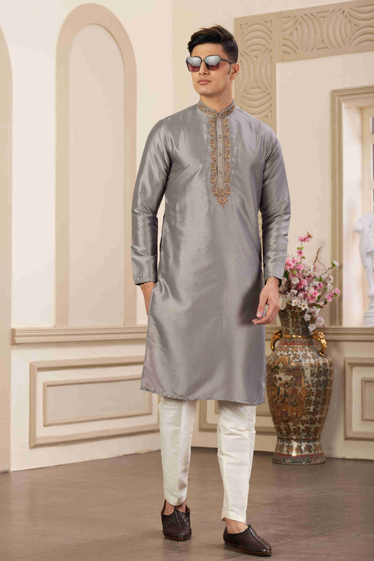 Men's Banarasi Art Silk Hand Work Kurta Pajama In Grey Colour