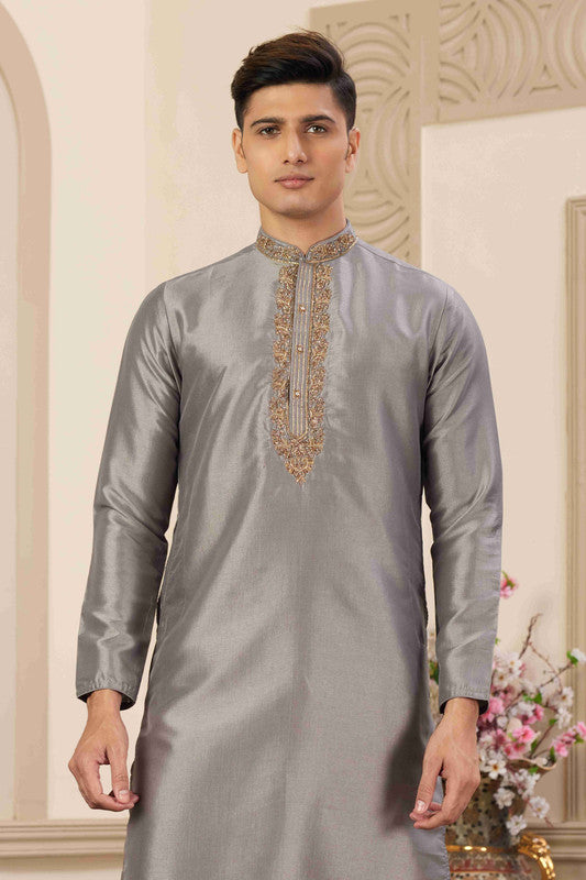 Men's Banarasi Art Silk Hand Work Kurta Pajama In Grey Colour