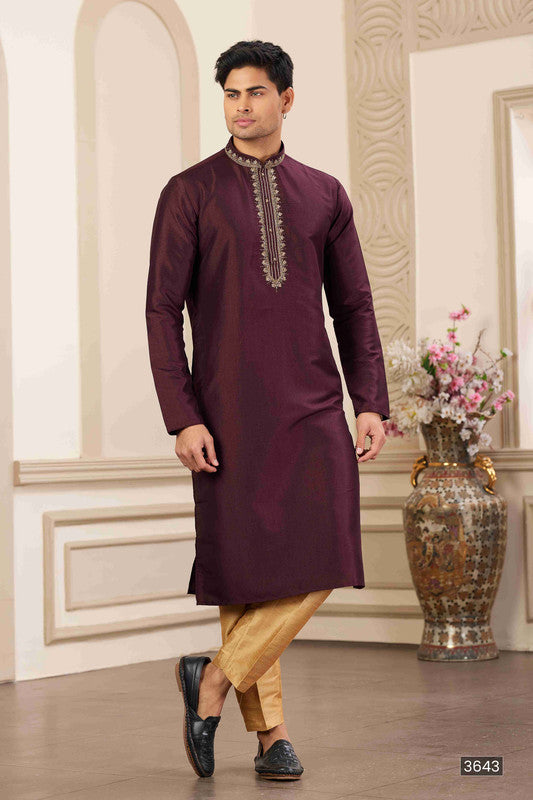 Men's Banarasi Art Silk Hand Work Kurta Pajama In Wine Colour