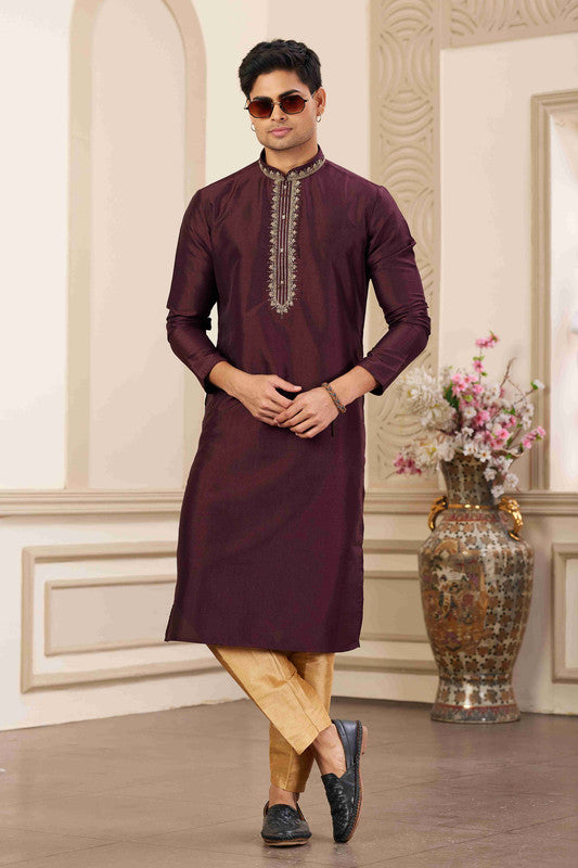 Men's Banarasi Art Silk Hand Work Kurta Pajama In Wine Colour