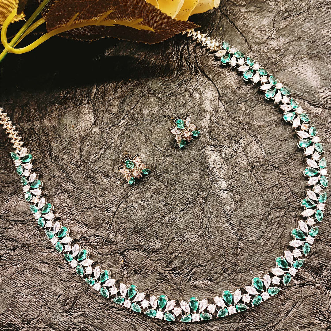 Hayaat Aqua Stone And Diamond Silver Plated Necklace Set