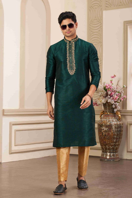 Men's Banarasi Art Silk Hand Work Kurta Pajama In Green Colour