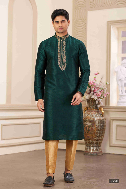 Men's Banarasi Art Silk Hand Work Kurta Pajama In Green Colour