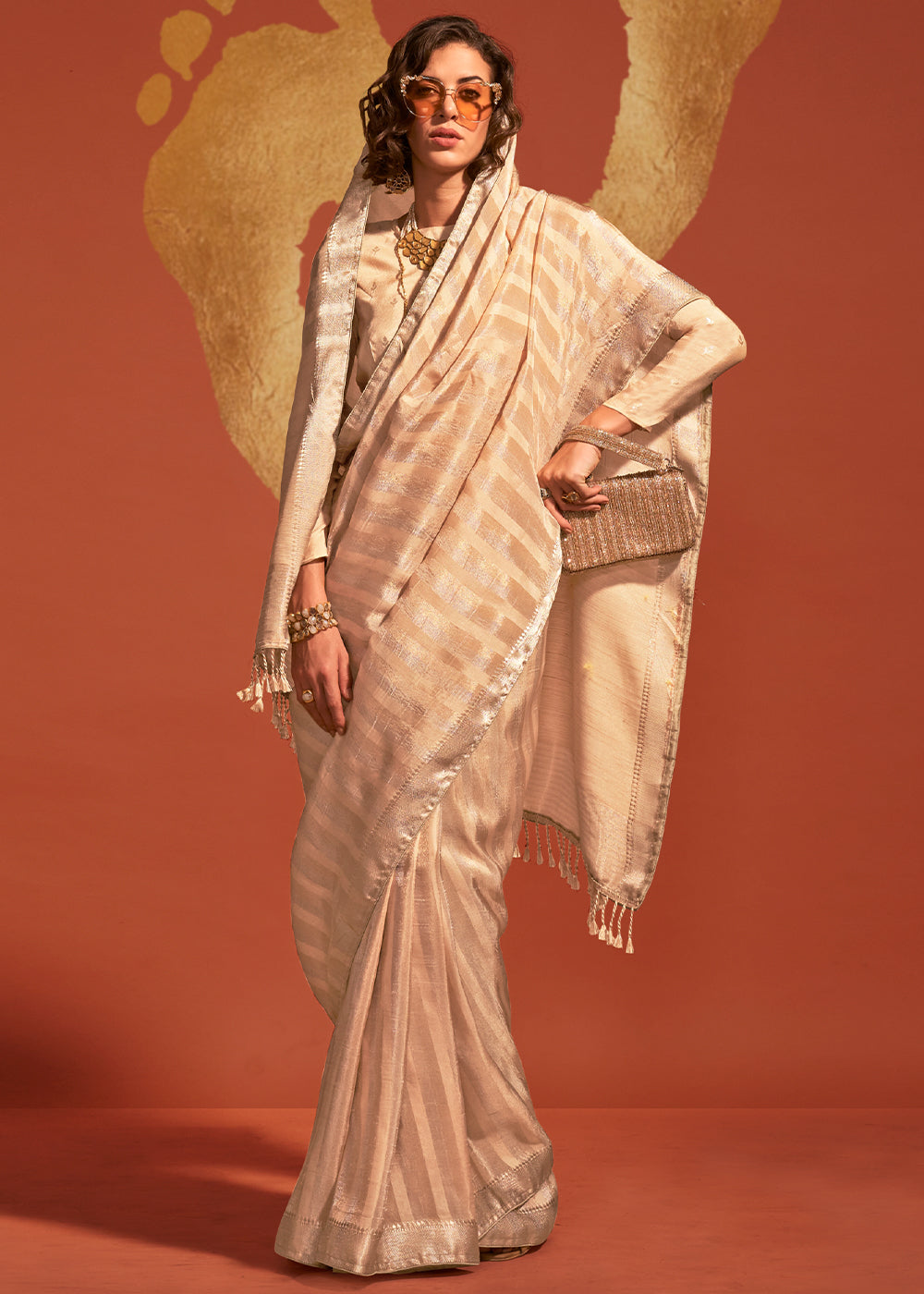 Beige Brown Handwoven Viscose Designer Saree - qivii