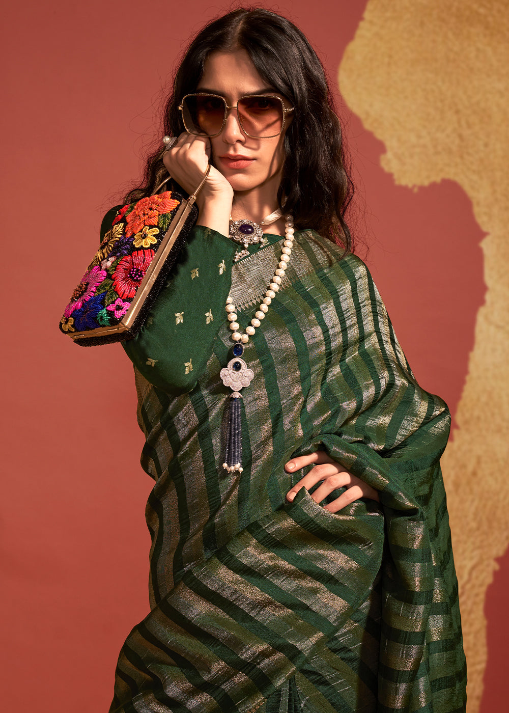 British Racing Green Handwoven Viscose Designer Saree - qivii