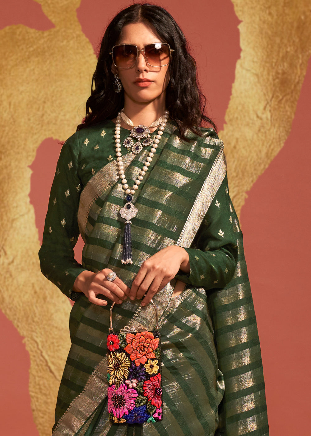 British Racing Green Handwoven Viscose Designer Saree - qivii