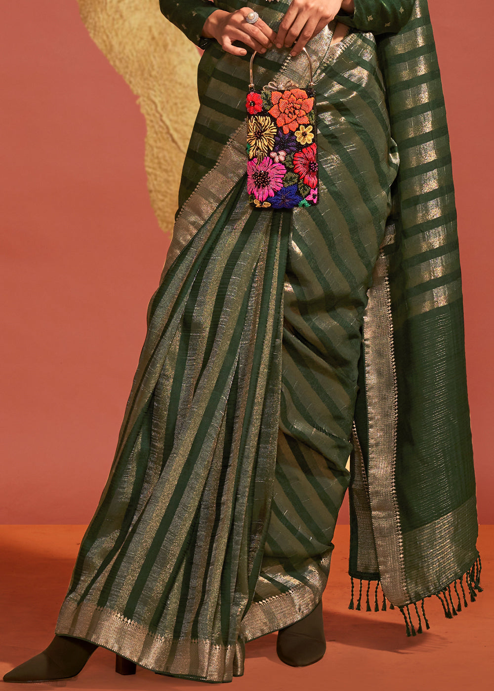 British Racing Green Handwoven Viscose Designer Saree - qivii