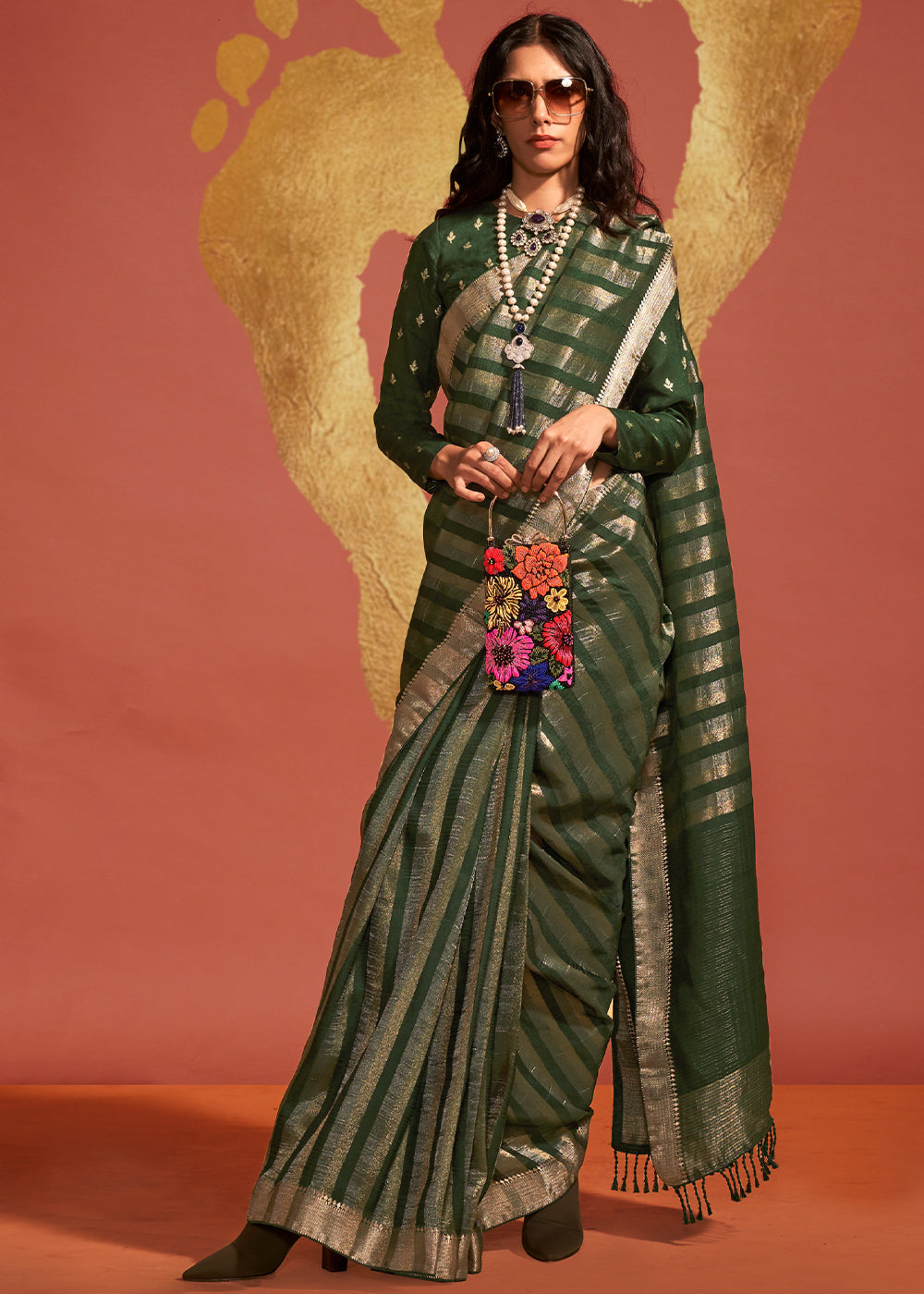 British Racing Green Handwoven Viscose Designer Saree - qivii