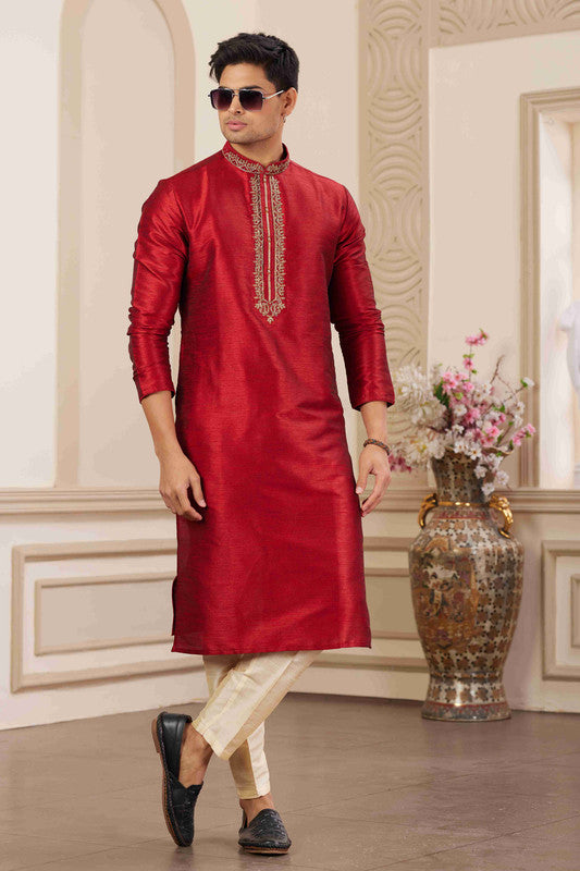 Men's Banarasi Art Silk Hand Work Kurta Pajama In Maroon Colour
