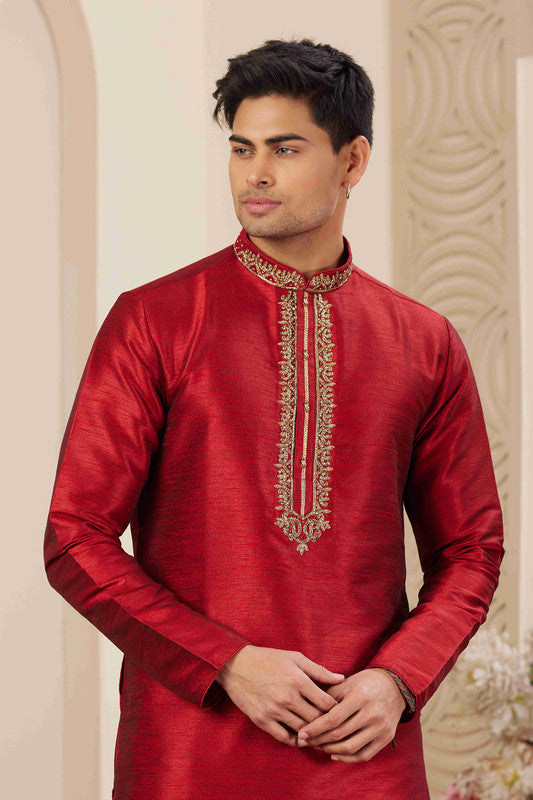 Men's Banarasi Art Silk Hand Work Kurta Pajama In Maroon Colour