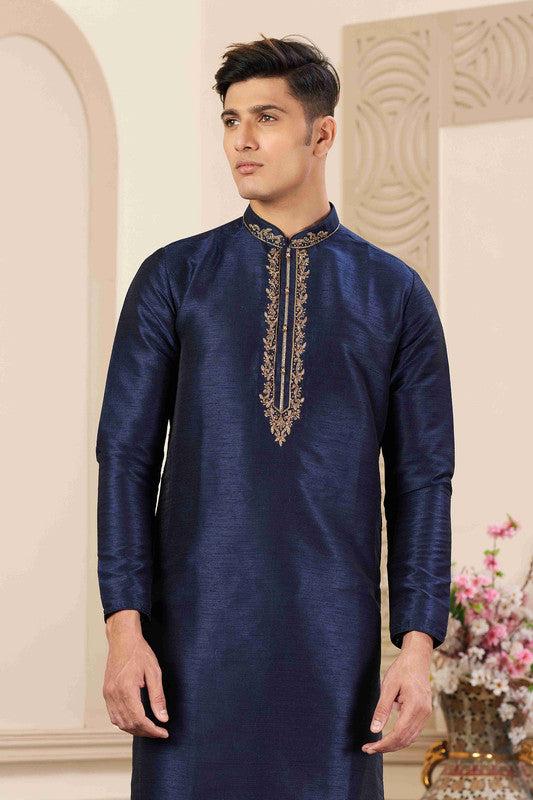 Men's Banarasi Art Silk Hand Work Kurta Pajama In Blue Colour