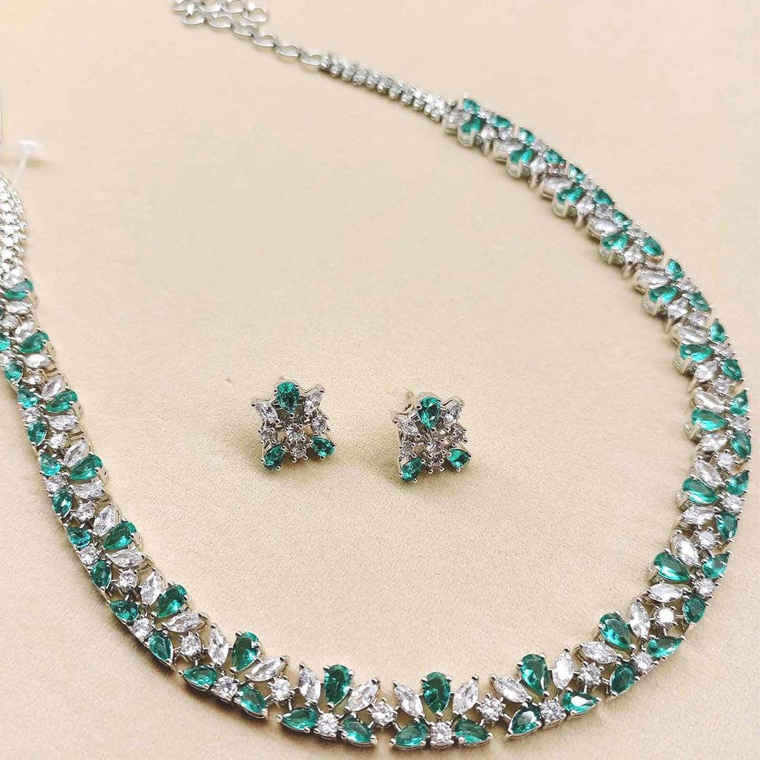 Hayaat Aqua Stone And Diamond Silver Plated Necklace Set