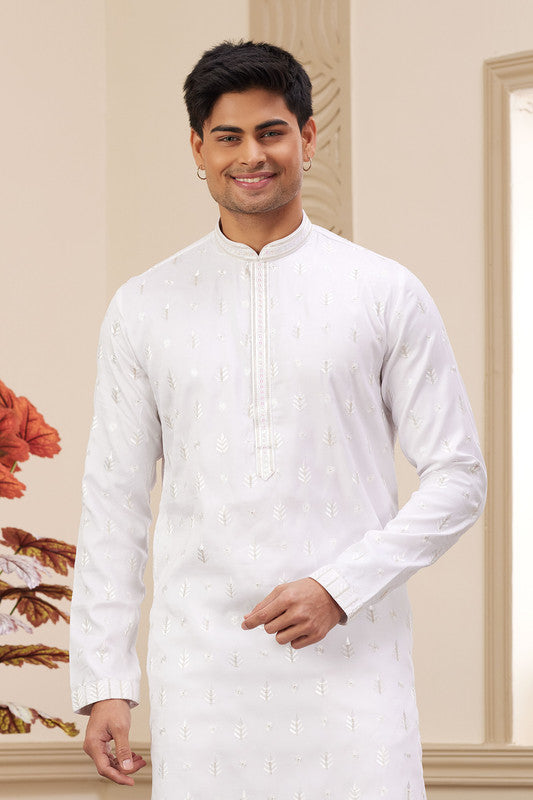 Men's Art Silk Thread Work Kurta Pajama In Off White Colour