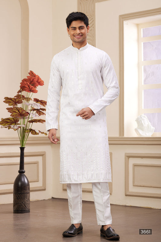 Men's Art Silk Thread Work Kurta Pajama In Off White Colour