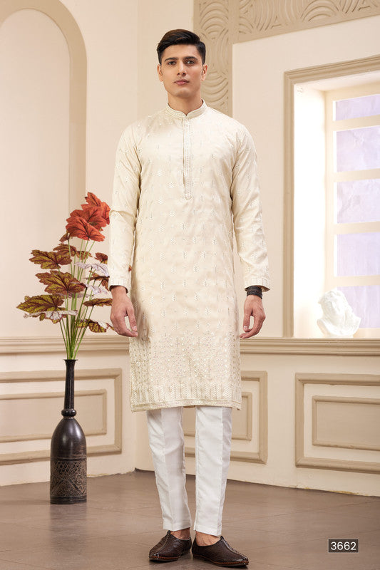 Men's Art Silk Thread Work Kurta Pajama In Beige Colour