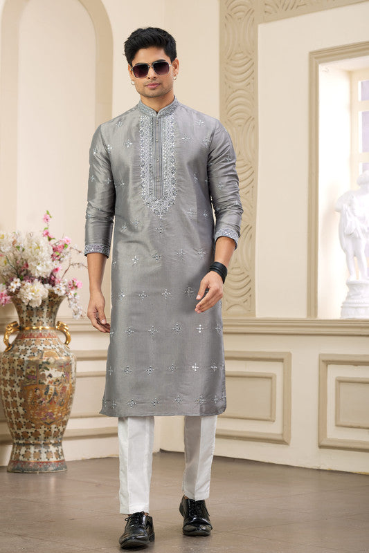 Men's Banarasi Art Silk Thread And Mirror Work Kurta Pajama In Grey Colour
