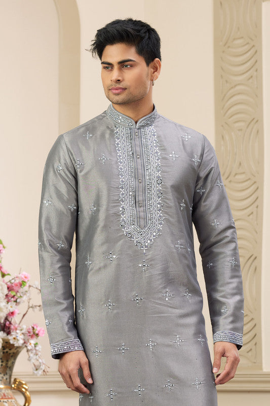 Men's Banarasi Art Silk Thread And Mirror Work Kurta Pajama In Grey Colour