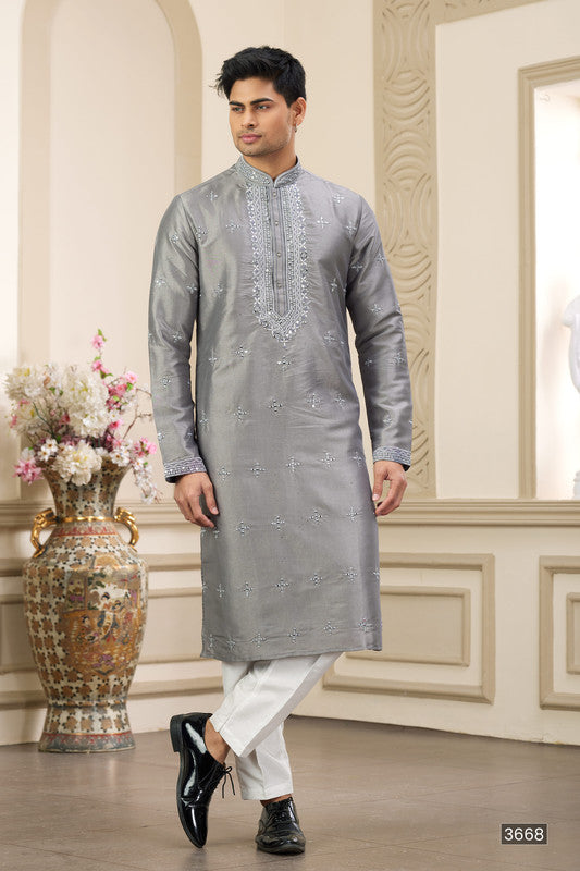 Men's Banarasi Art Silk Thread And Mirror Work Kurta Pajama In Grey Colour
