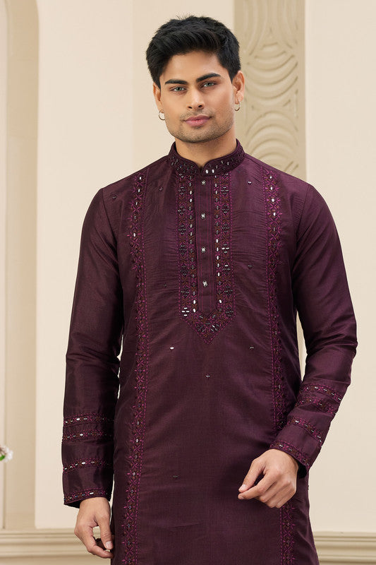 Men's Banarasi Art Silk Thread And Mirror Work Kurta Pajama In Wine Colour