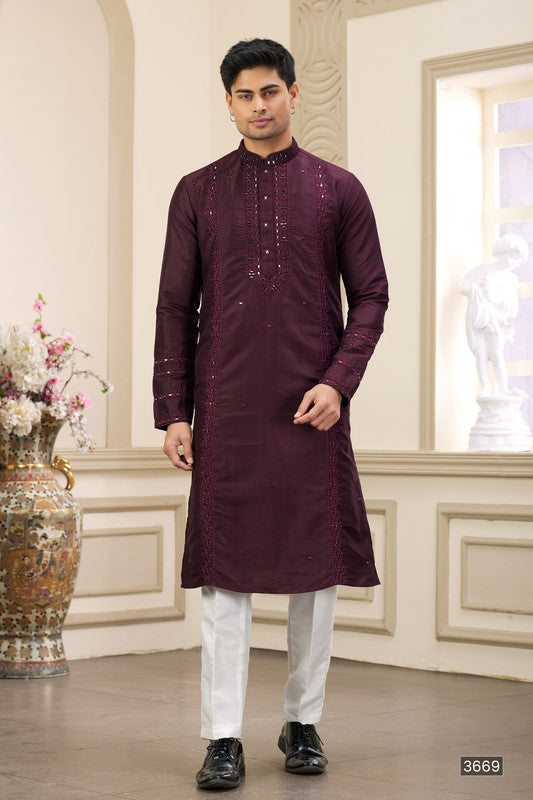 Men's Banarasi Art Silk Thread And Mirror Work Kurta Pajama In Wine Colour