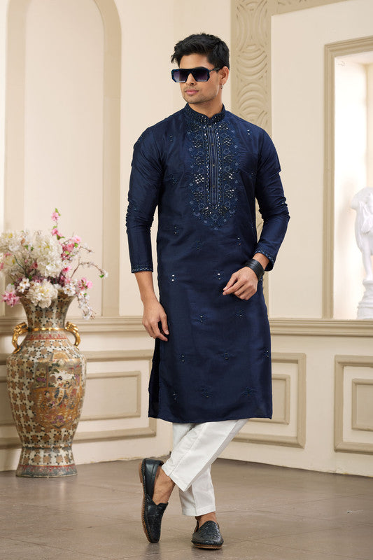 Men's Banarasi Art Silk Thread And Mirror Work Kurta Pajama In Blue Colour