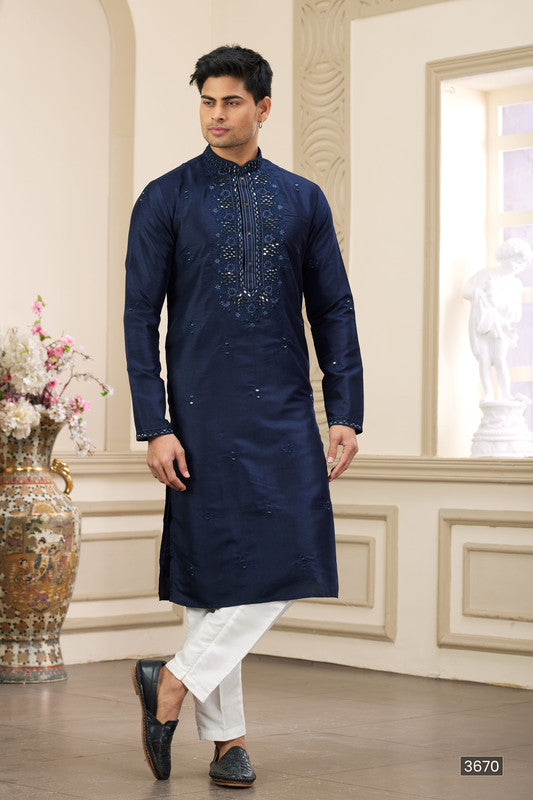 Men's Banarasi Art Silk Thread And Mirror Work Kurta Pajama In Blue Colour