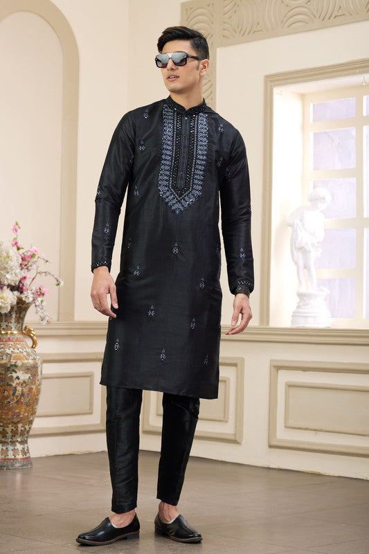 Men's Banarasi Art Silk Thread And Mirror Work Kurta Pajama In Black Colour