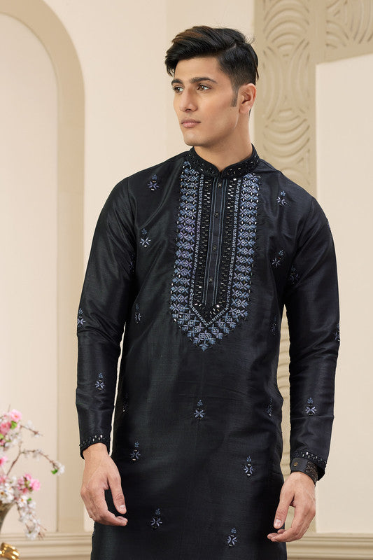 Men's Banarasi Art Silk Thread And Mirror Work Kurta Pajama In Black Colour