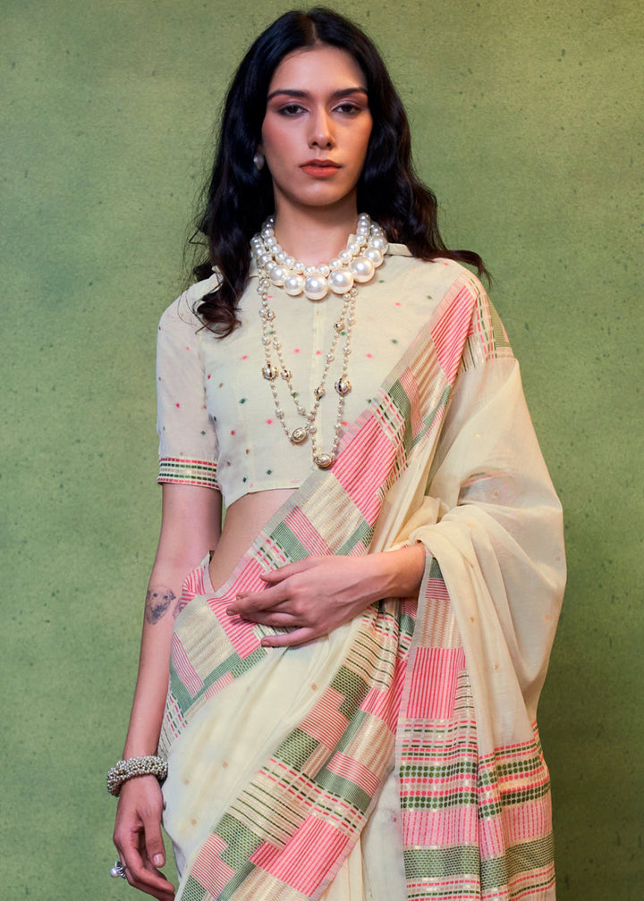 Parchment White Handwoven Cotton Silk Saree with Brocade Blouse