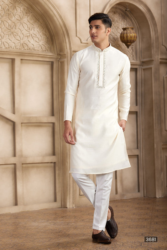Men's Banarasi Art Silk Mirror Work Kurta Pajama In Cream Colour