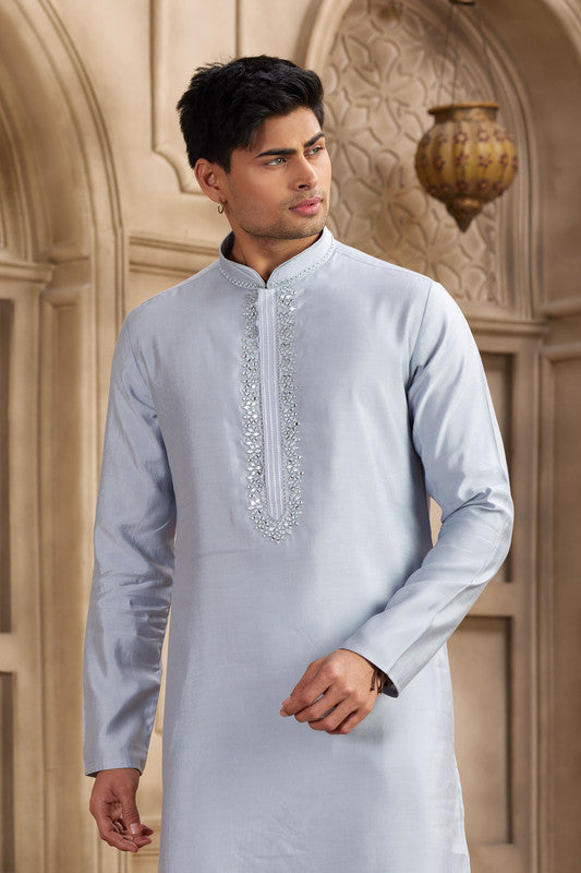 Men's Banarasi Art Silk Mirror Work Kurta Pajama In Sky Blue Colour