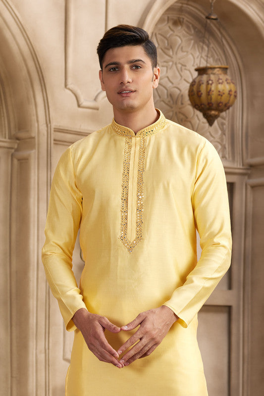 Men's Banarasi Art Silk Mirror Work Kurta Pajama In Yellow Colour