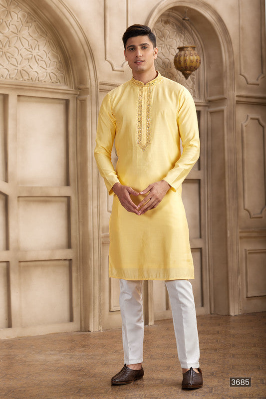 Men's Banarasi Art Silk Mirror Work Kurta Pajama In Yellow Colour