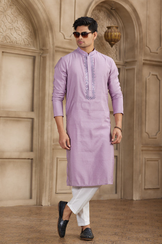 Men's Banarasi Art Silk Mirror Work Kurta Pajama In Purple Colour