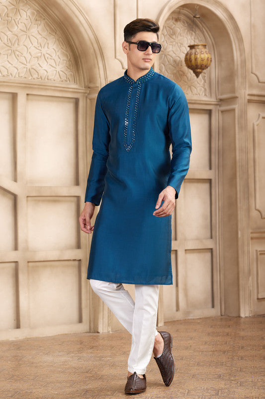 Men's Banarasi Art Silk Mirror Work Kurta Pajama In Blue Colour