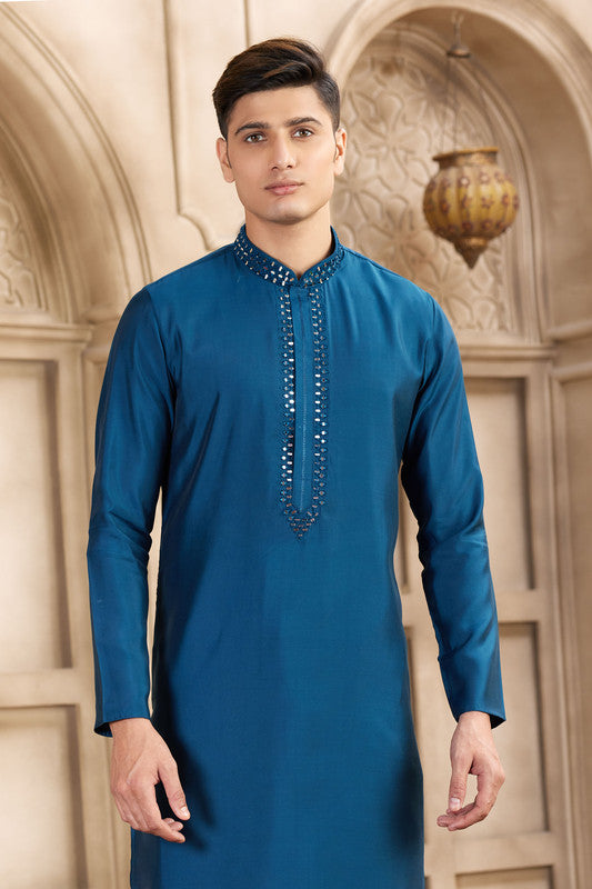 Men's Banarasi Art Silk Mirror Work Kurta Pajama In Blue Colour