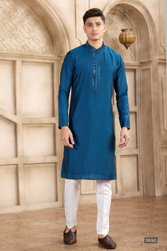 Men's Banarasi Art Silk Mirror Work Kurta Pajama In Blue Colour