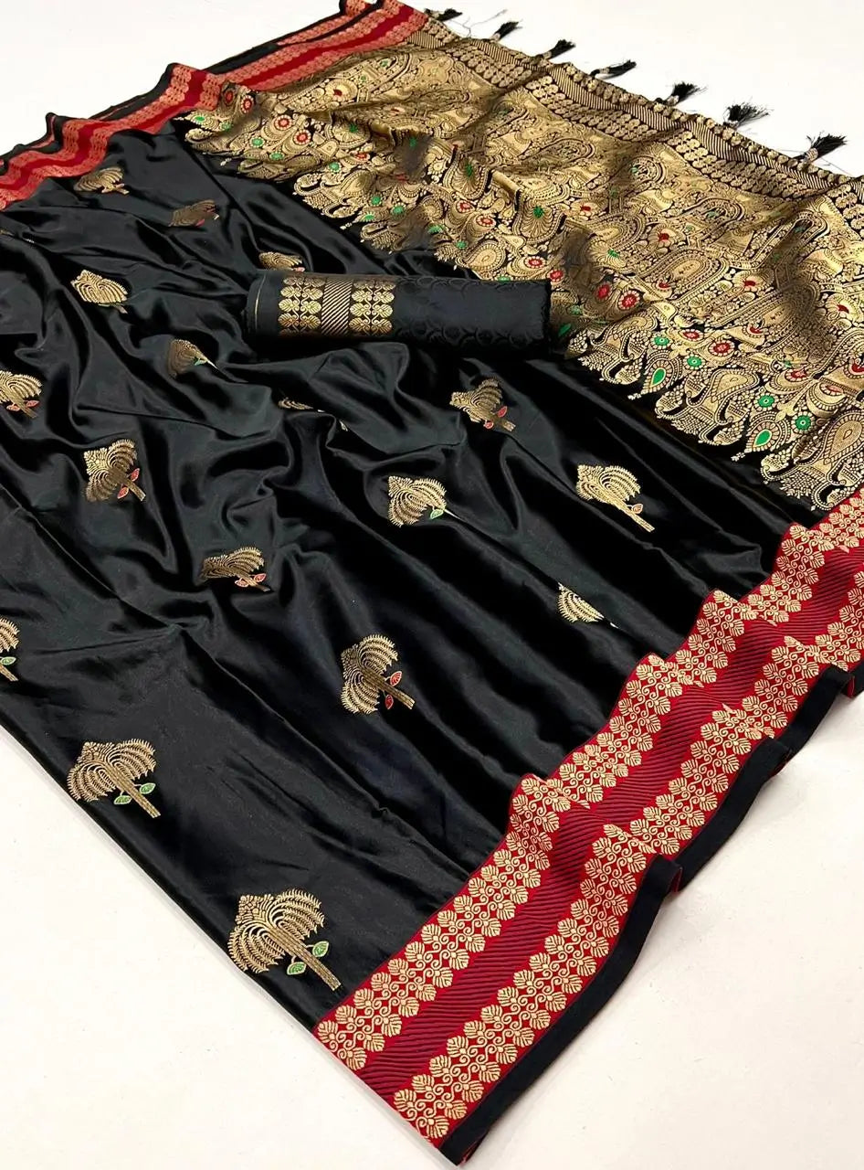 Black Satin Handloom Weaving Silk Saree - qivii