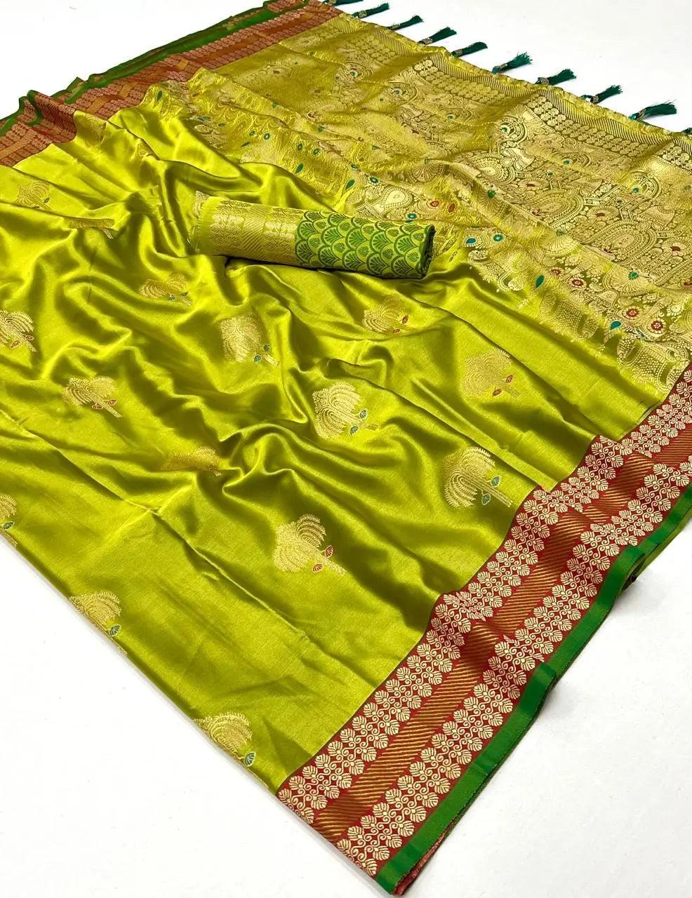 Avocado Green Satin Handloom Weaving Silk Saree - qivii