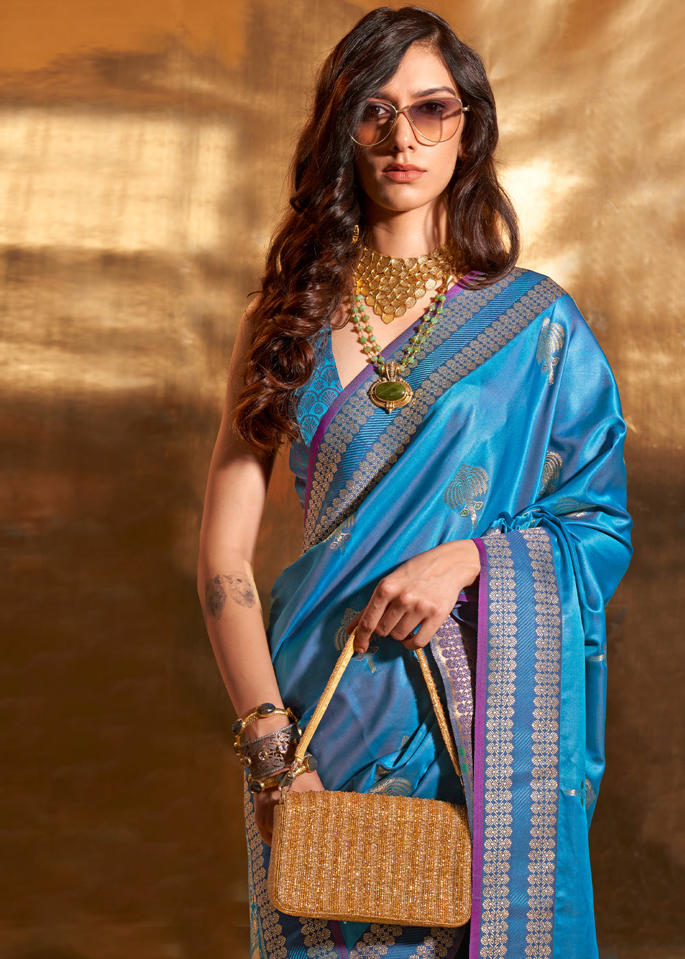 Royal Blue Handloom Woven Satin Silk Saree - qivii