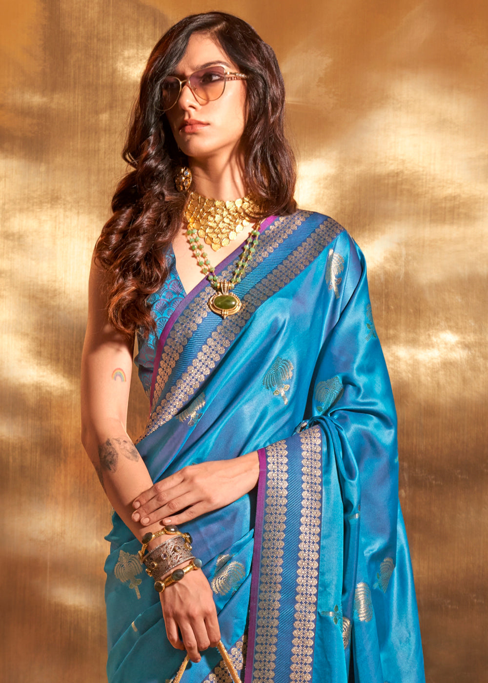 Royal Blue Handloom Woven Satin Silk Saree - qivii