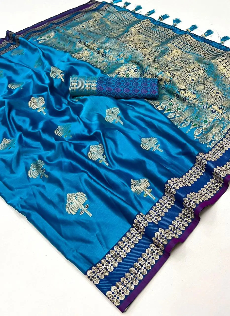 Teal Blue Satin Handloom Weaving Silk Saree - qivii