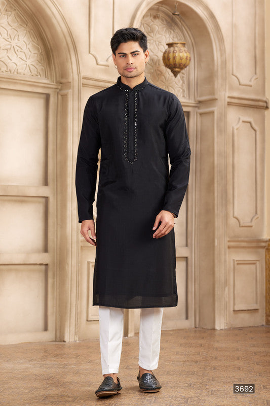 Men's Banarasi Art Silk Mirror Work Kurta Pajama In Black Colour