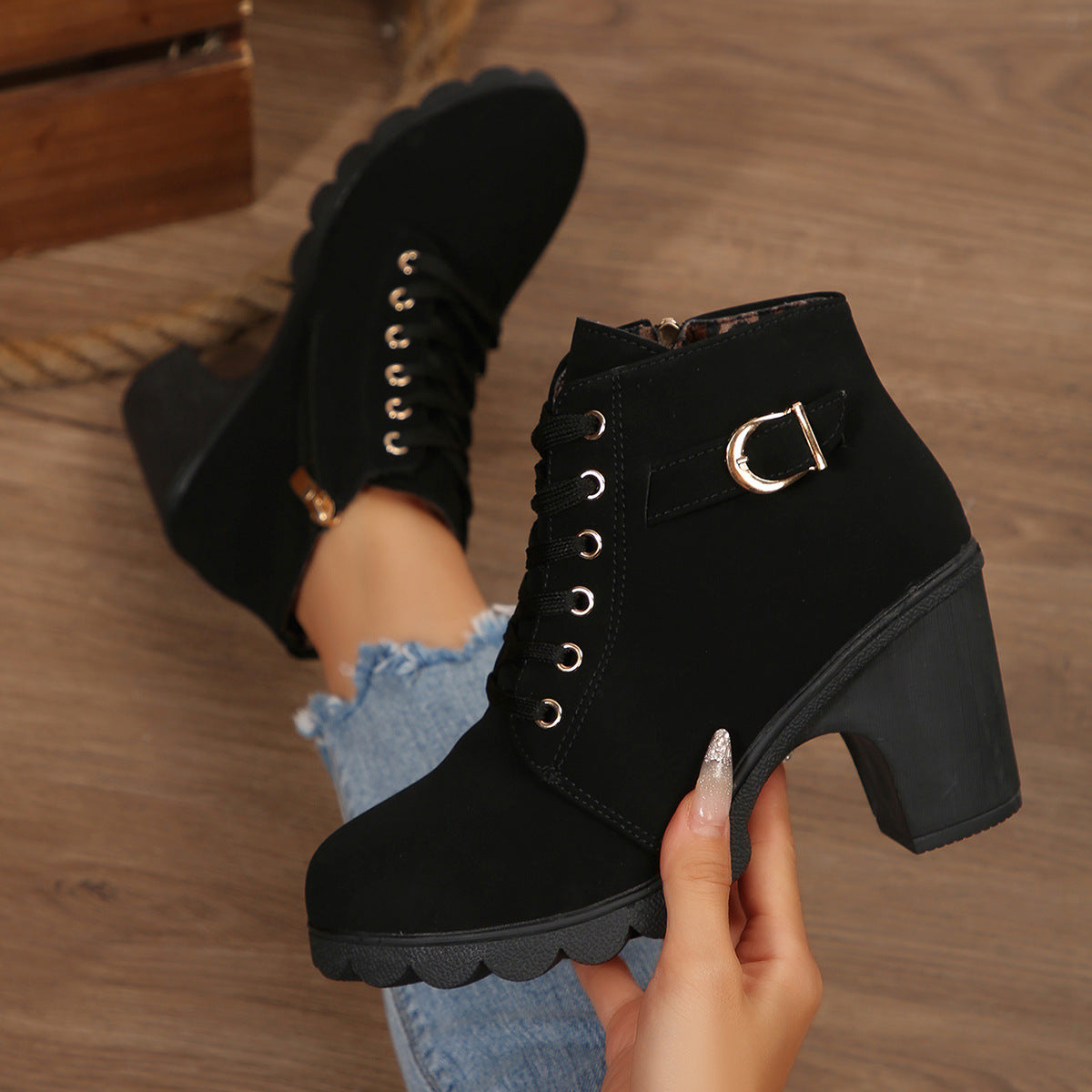 Women's Buckle Decorated Chunky Heel Ankle Boots - Side Zipper & Lace-Up Round Toe Mid-Calf Equestrian Boots (US 4-10)