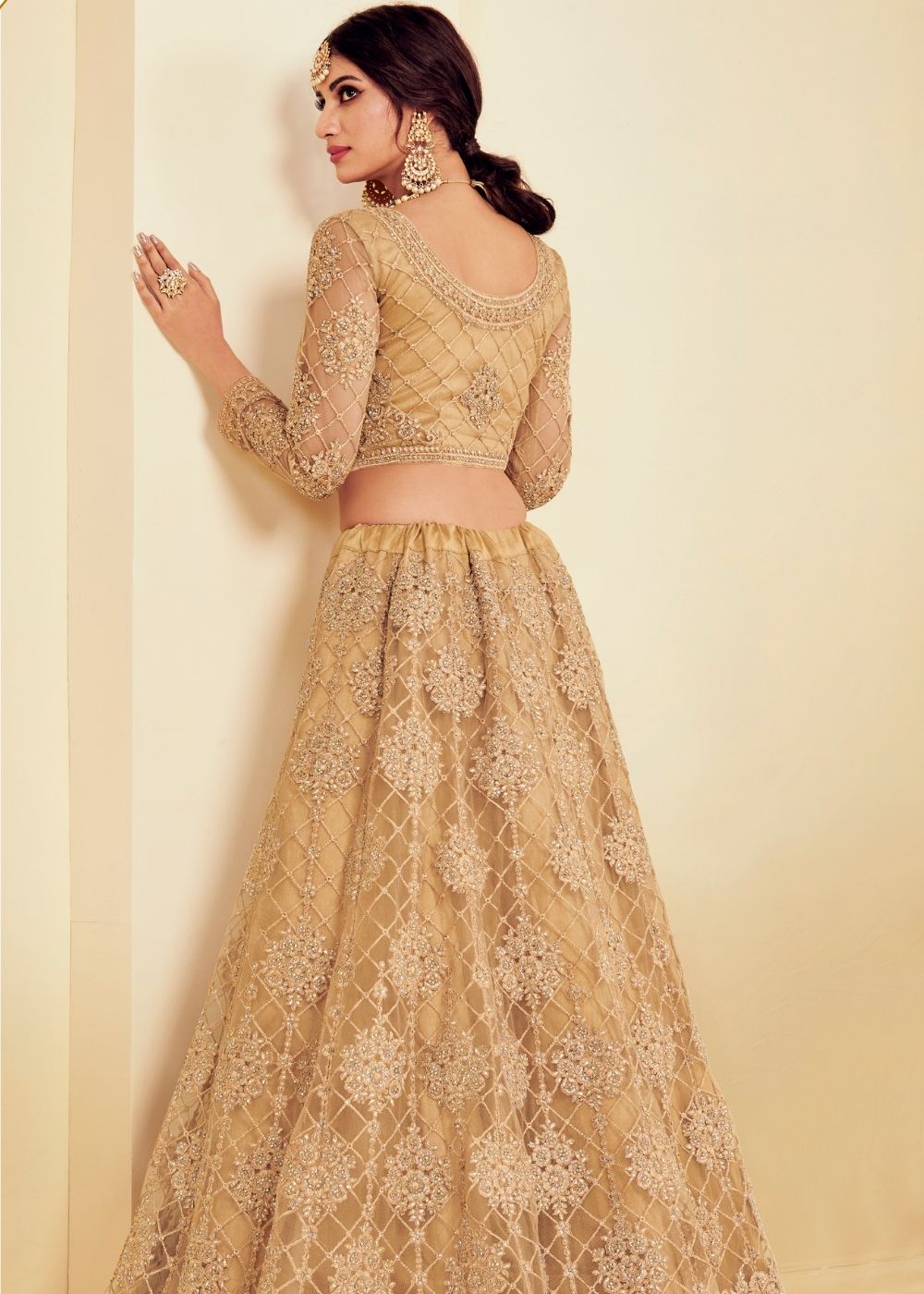 Bronze Brown Soft Net Lehenga Choli with Cording Embroidery & Stone work | Ready To Wear - qivii